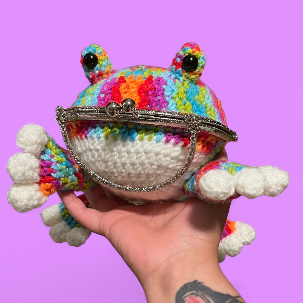 Handmade Rainbow Crochet Frog Purse